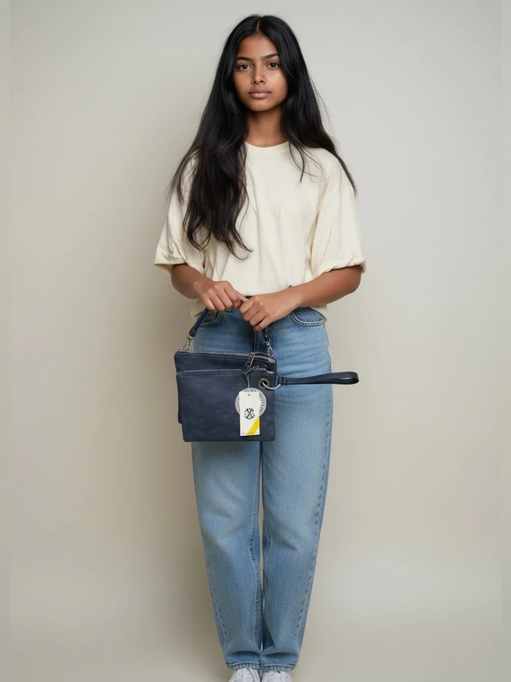Women’s Indigo Denim Double Zip Wristlet Pouch Slim Wallet Bag Wrist StrapTravel